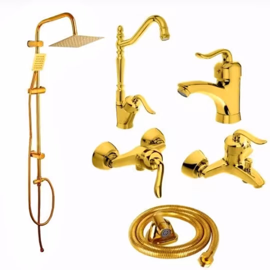 ست 6 تایی شیرآلات مدل قاجاری طلایی با دوش دو کاره و شیلنگ توالت