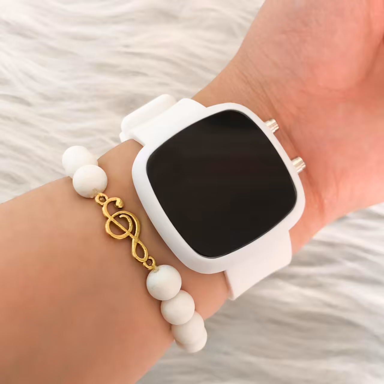 ست دستبند و ساعت ال ای دی مربع سفید