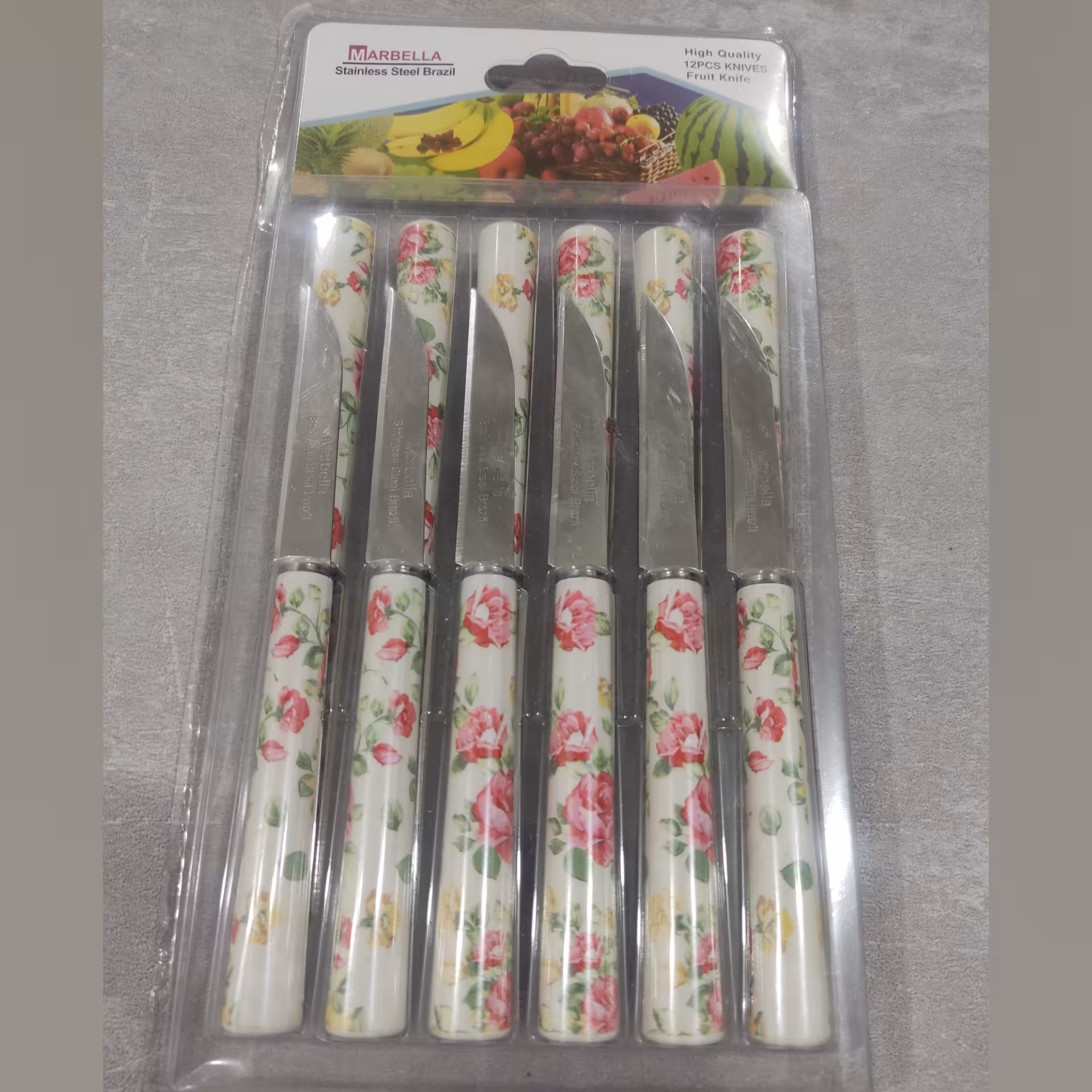 کارد میوه خوری بسته 12 تایی مارک ماربلا (Marbella) جنس stainless Steel Braziطرح سرامیکی جنس عالی طرح گل دارقرمز  (چاقو )