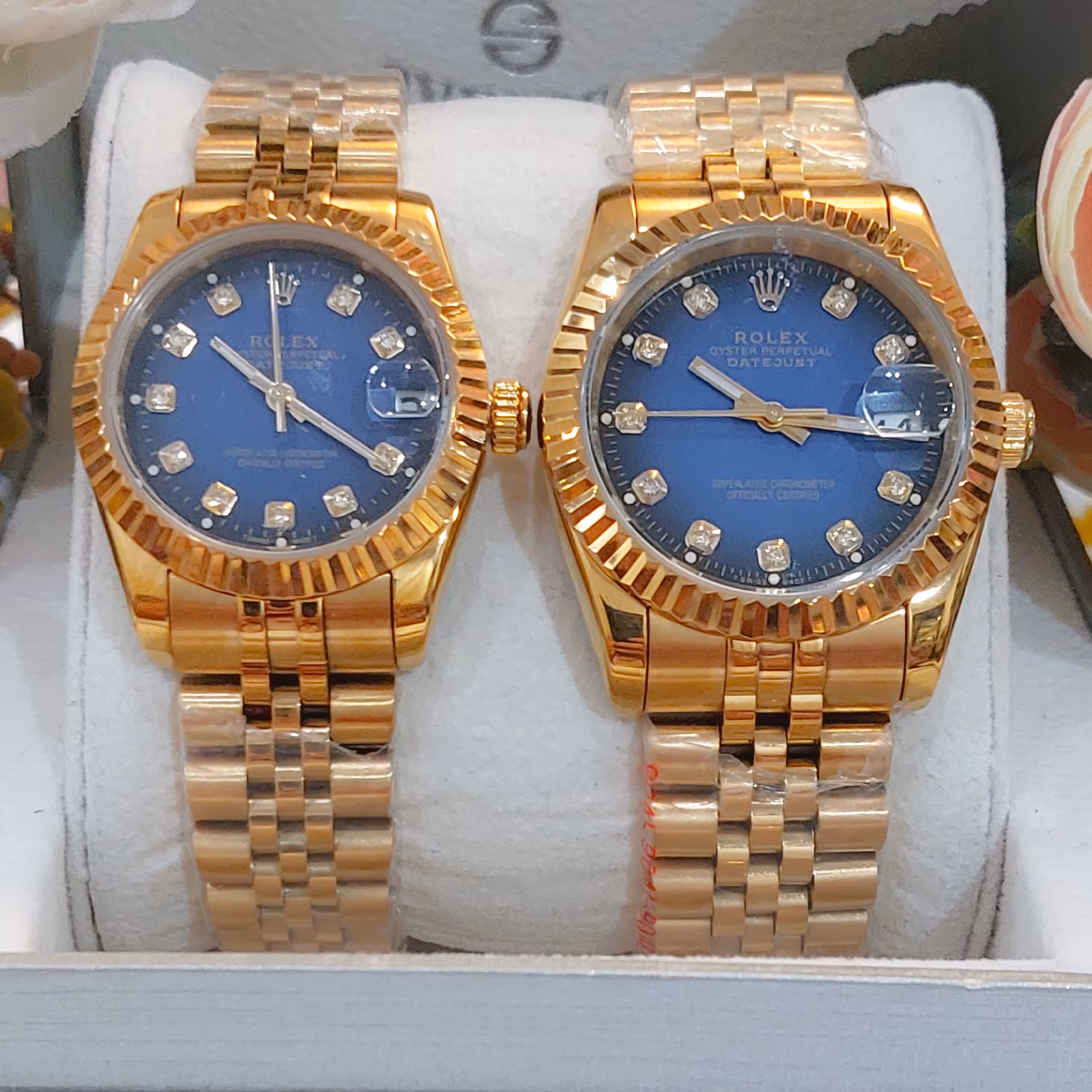 ساعت مچی ست زنانه ومردانه رولکس طلایی صفحه آبی اصل موتورژاپن 