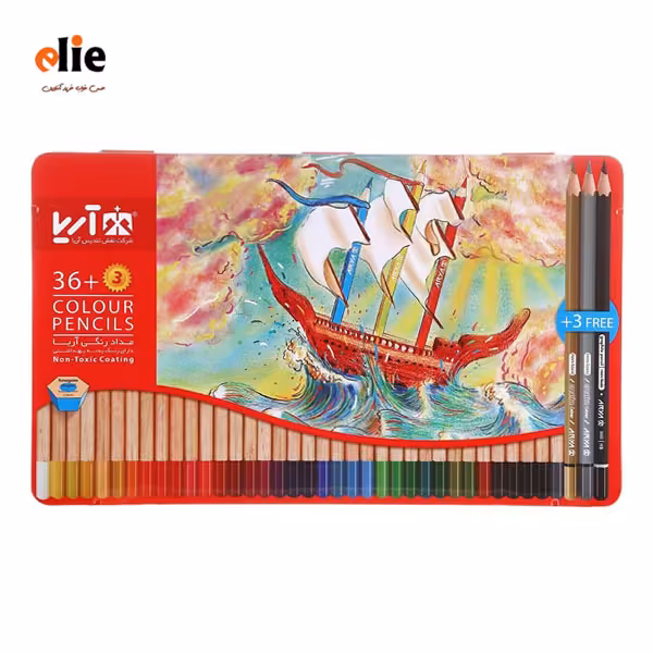 مداد رنگی 36 رنگ آریا جعبه فلزی طرح کشتی