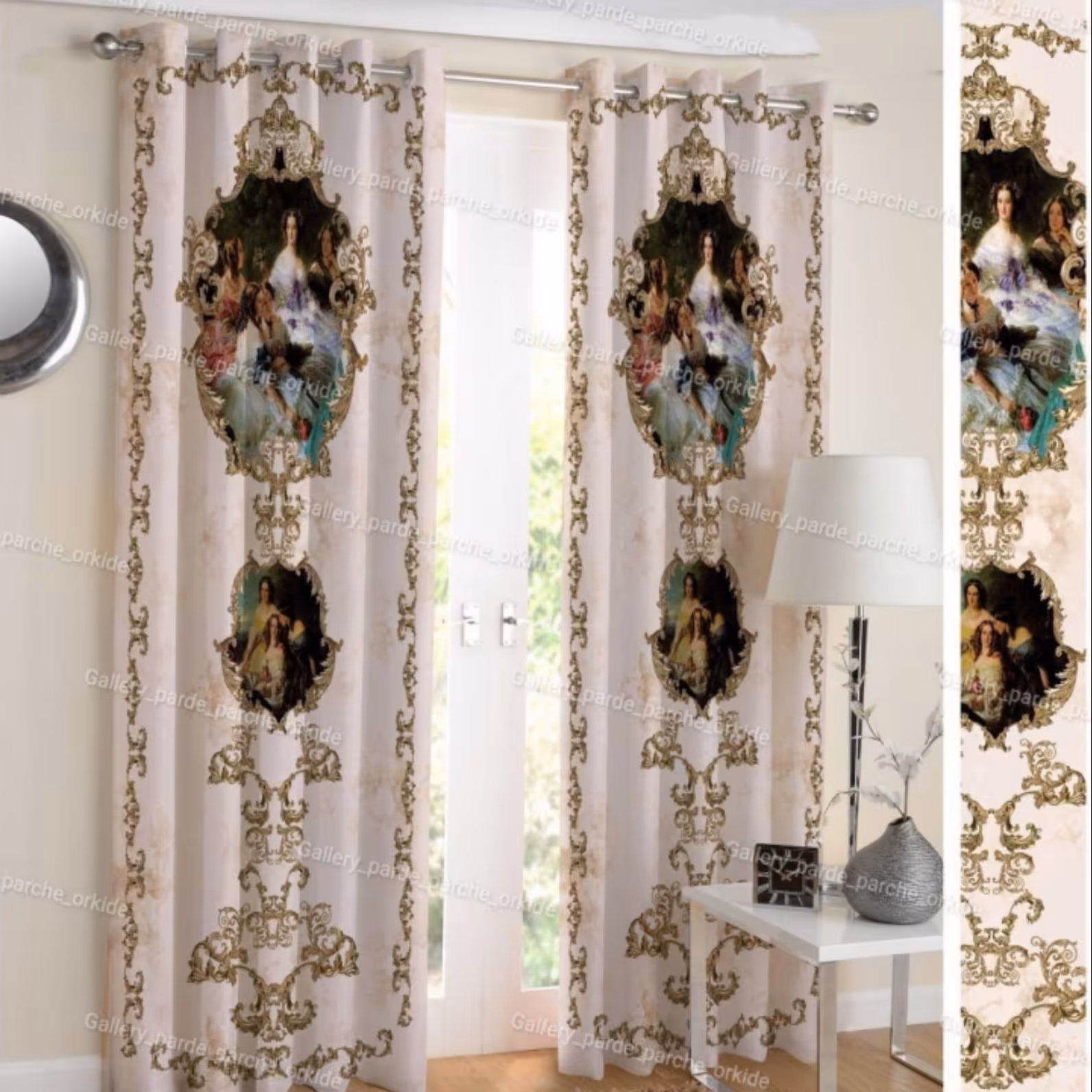 پرده چاپی طرح اروپایی پانچ  پارچه کتان هازان.چاپ برروی سایر پارچه ها مانند مخمل کالیفرنیا و جاسمین و ..امکان پذیر است.