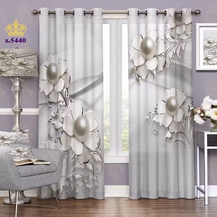 پرده پذیرایی دو قواره پانچ فانتزی طرح گل و مروارید کد S5440