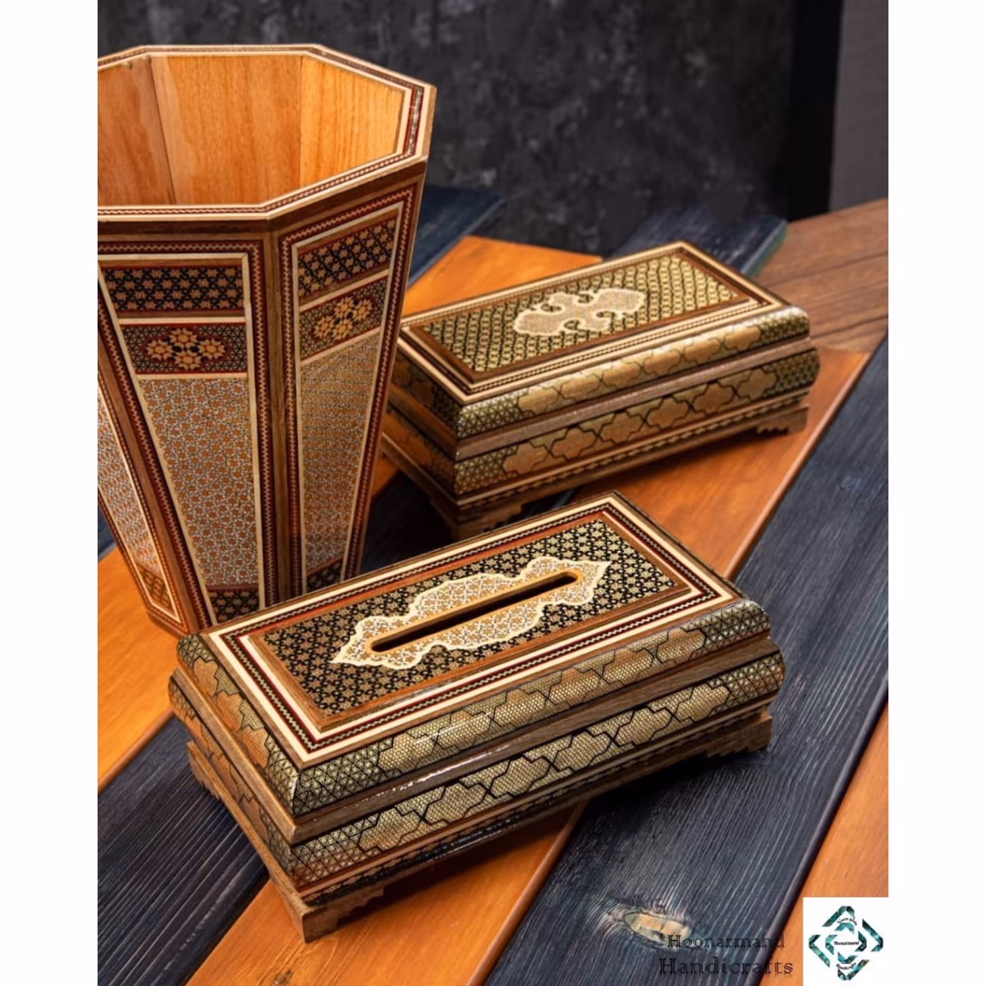 ست جادستمالی ، جاقاشقی گرد و سطل خاتم کاری صلیبی اعلاء استاد کار