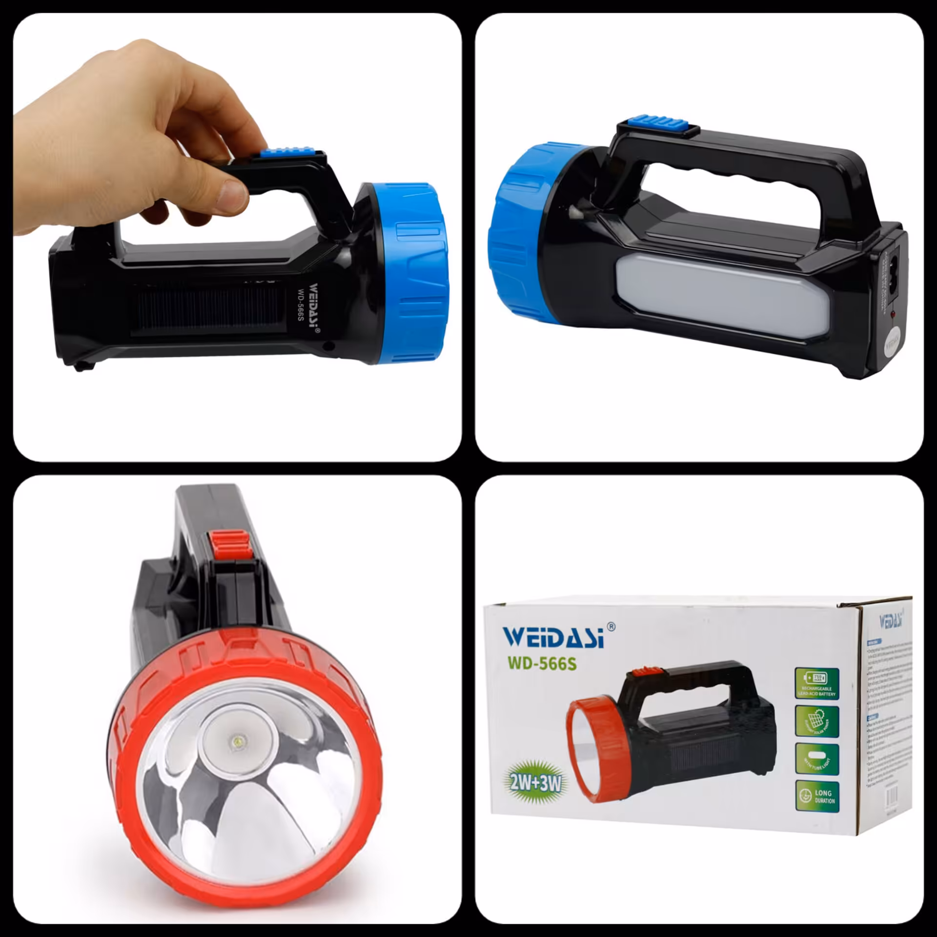 چراغ قوه شارژی خورشیدی WEIDASI مدل WD-566S سولار دار دستی مشکی300 گرم وزن