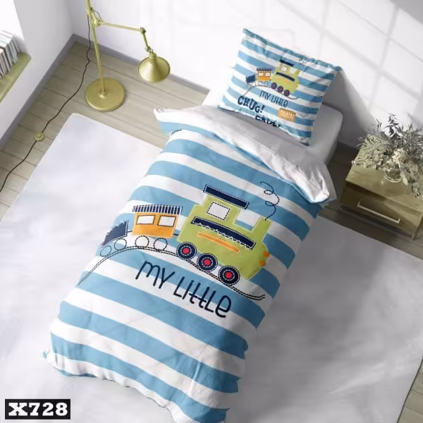 سرویس روتختی یک نفره میکروتترون سه بعدی طرح ترن با زمینه سفید آبی مناسب کودک و نوجوان