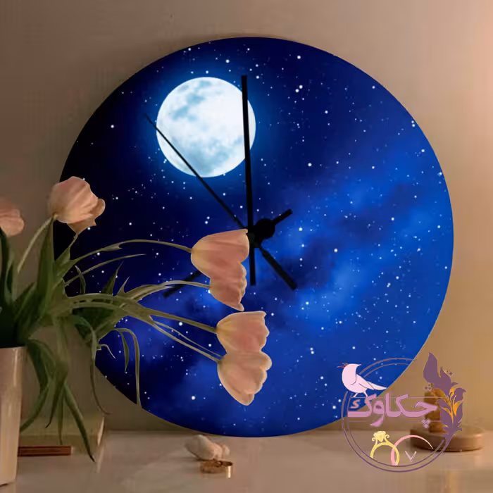 ساعت دیواری چوب و رزین طرح کهکشان و ماه شبتاب با بیس 30 سانتی