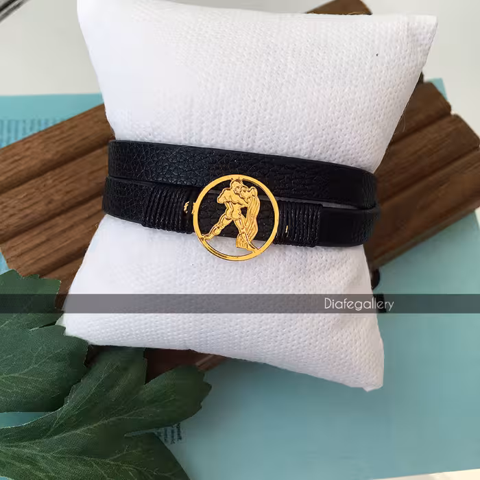 دستبند چرم ماه تولد بهمن چرم دوردیفه پلاک ماه تولد استیل رنگ ثابت