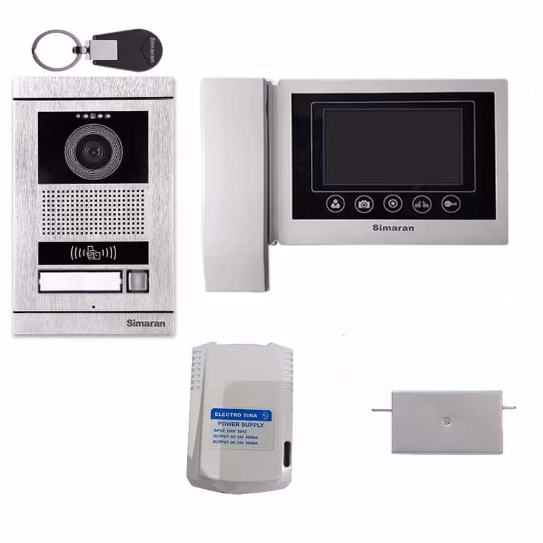 پکیج کامل دربازکن تصویری سیماران یک واحده مانیتور4.3اینچ حافظه دار کلید لمسی و پنل کارتی فرداد همراه باقفل بازکن و ترانس