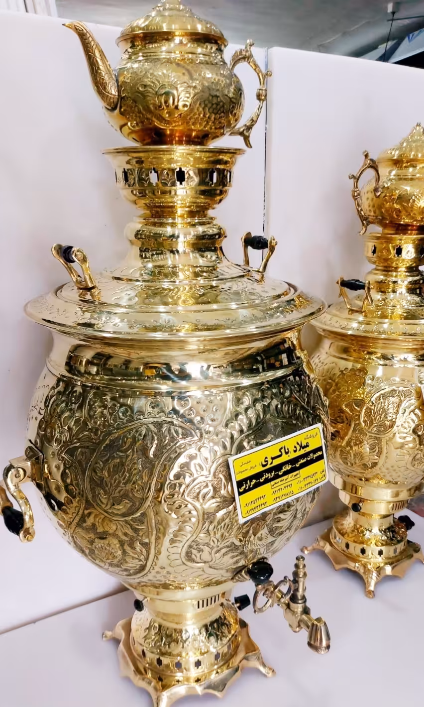 سماور گازی برنجی 50 لیتری سنتی طلایی تنوره دار