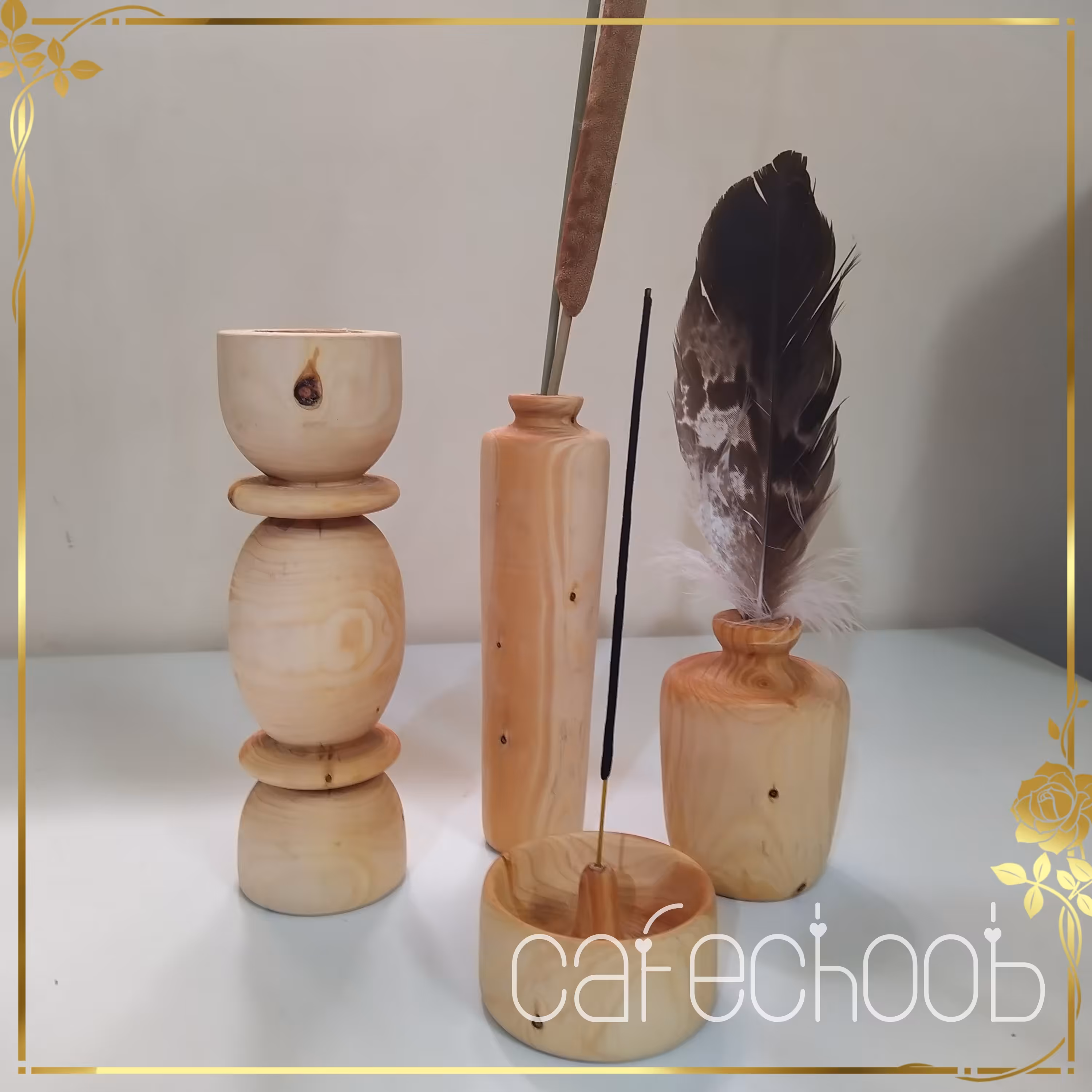 ست گلدان خراطی ساخته شده از چوب روس به همراه شمعدان و عود سوز