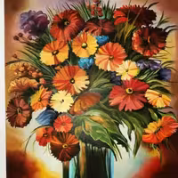 تابلوی نقاشی رنگ روغن گلدان گلهای داودی
