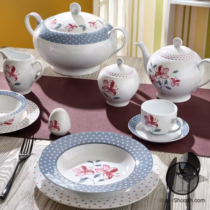 سرویس غذاخوری 12 نفره 102 پارچه چینی زرین مدل والنسیا ارغوانی سری ایتالیا اف درجه عالی