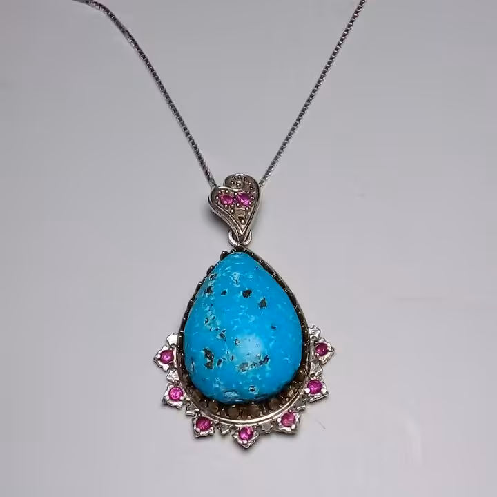 گردن آویز نقره 925مخراجکاری بانگین فیروزه پیریت دار بسیار زیبا