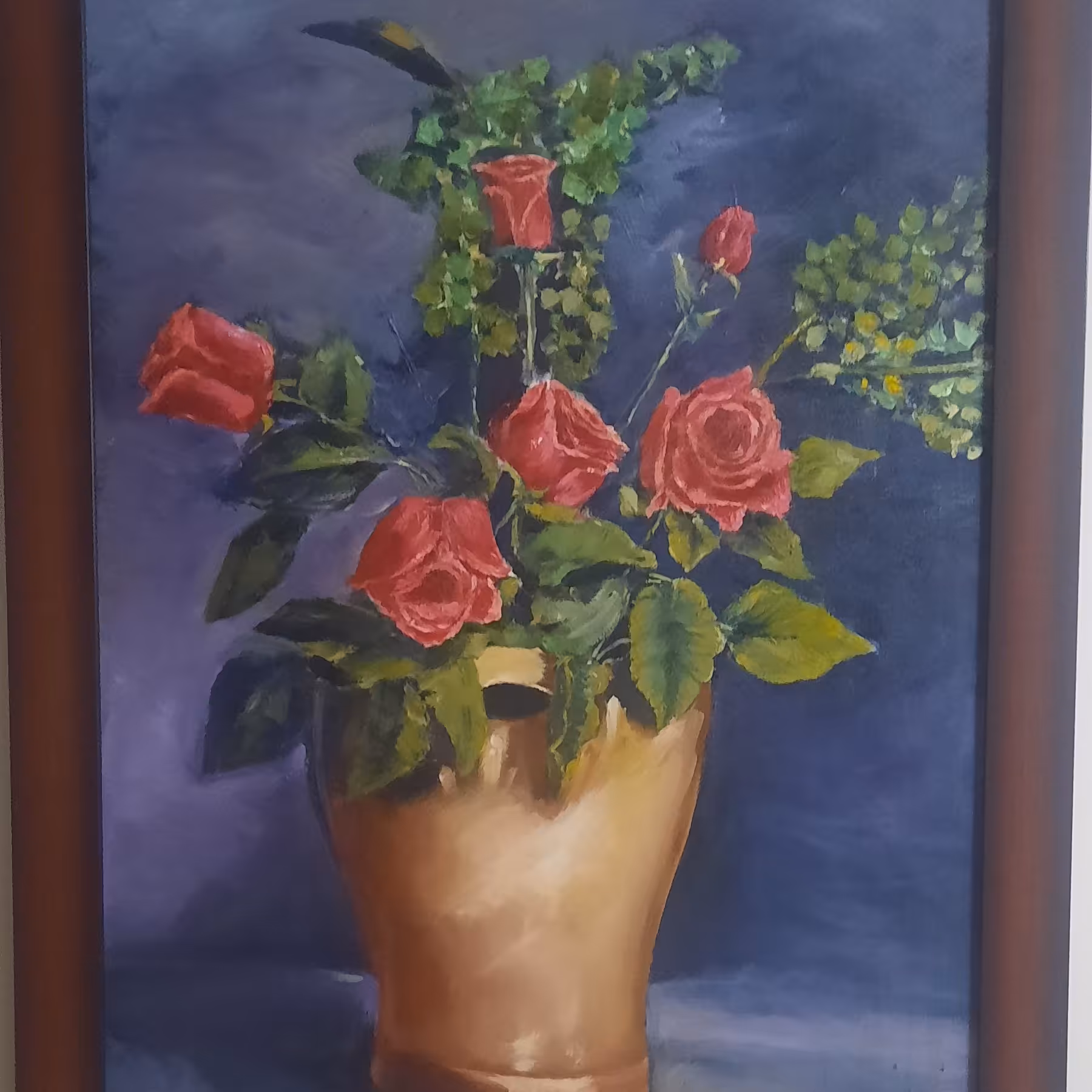 تابلو نقاشی رز  سرخ رنگ روغن با قاب چوبی قهوه ای