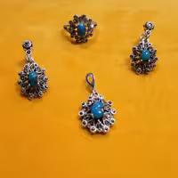 نیم ست سیاه قلم با سنگ فیروزه کرمان     