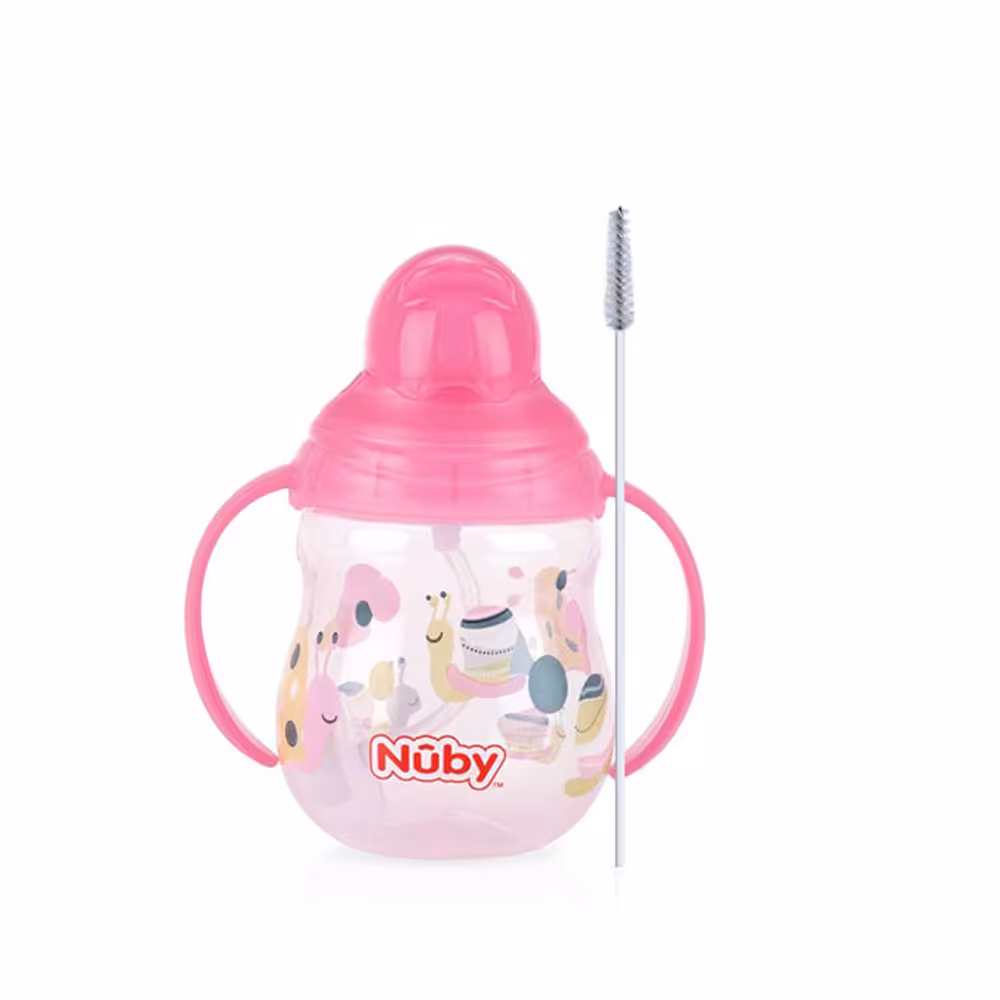 لیوان آبمیوه خوری نی دار 12  ماه نابی NUBY ظرفیت 270 میلی لیتر صورتی