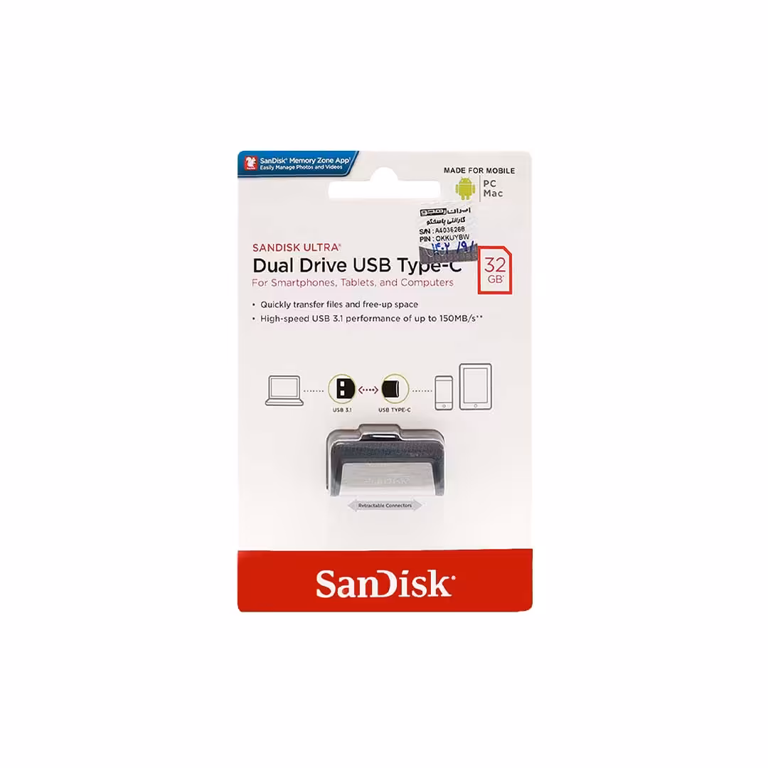 فلش سندیسک مدل Ultra Dual Drive USB Type-C USB3.1 با ظرفیت 32 گیگابایت