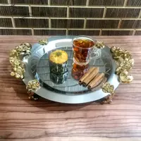 سینی استیل نگارکد 417 گرد کوچک مدل گلستان نقره ای دسته طلایی 