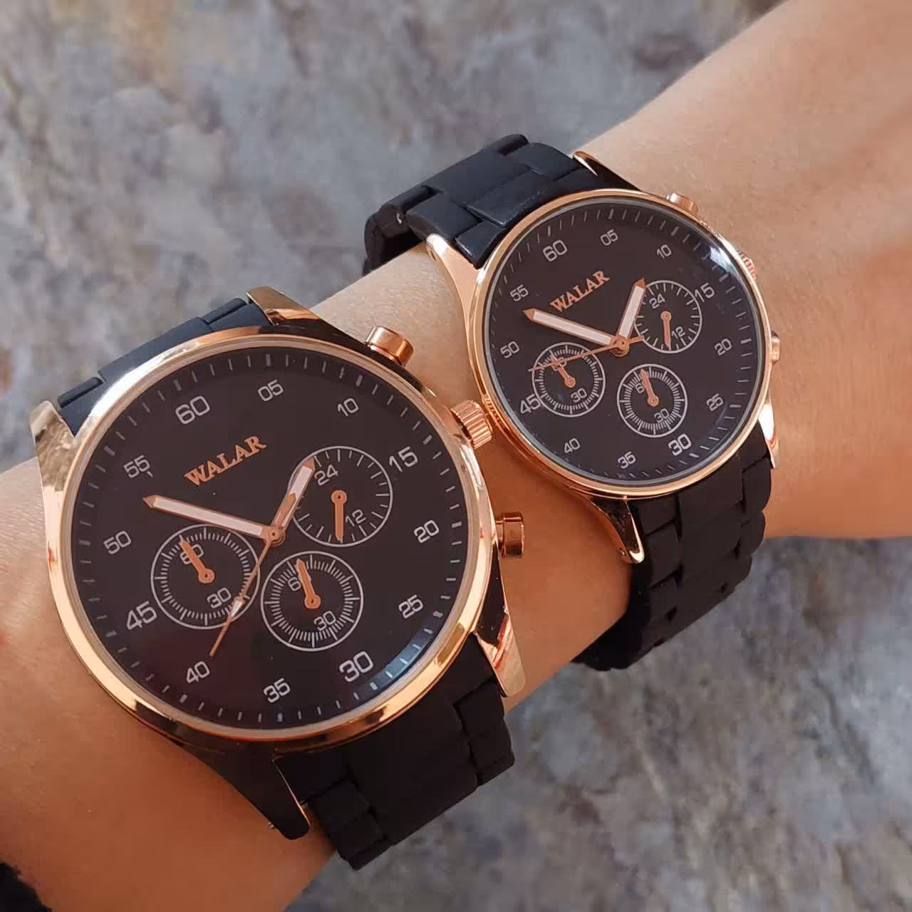 ساعت مردانه مارک والار بند مشکی دور طلایی