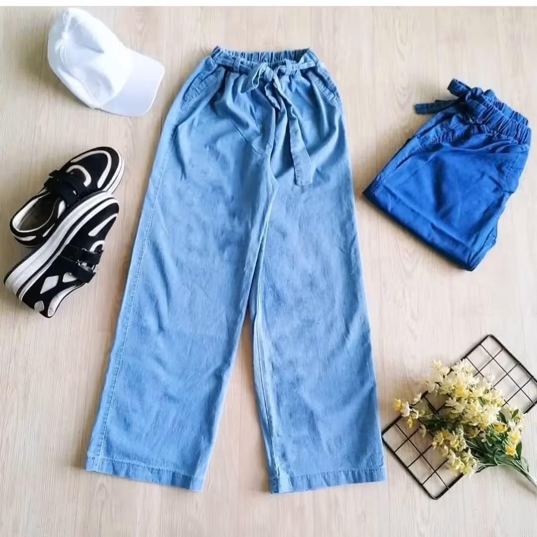 شلوار بگ کاغذی کمر هویچی آبی یخی