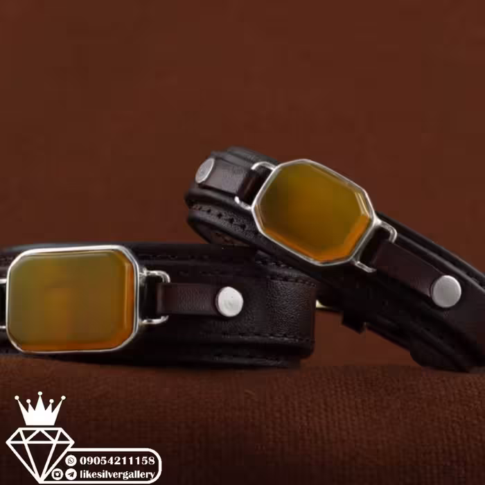 دستبند ست شرف الشمس چرم گاوی طبیعی قاب دور نگین (نقره دستساز)کد 617 ارسال رایگان