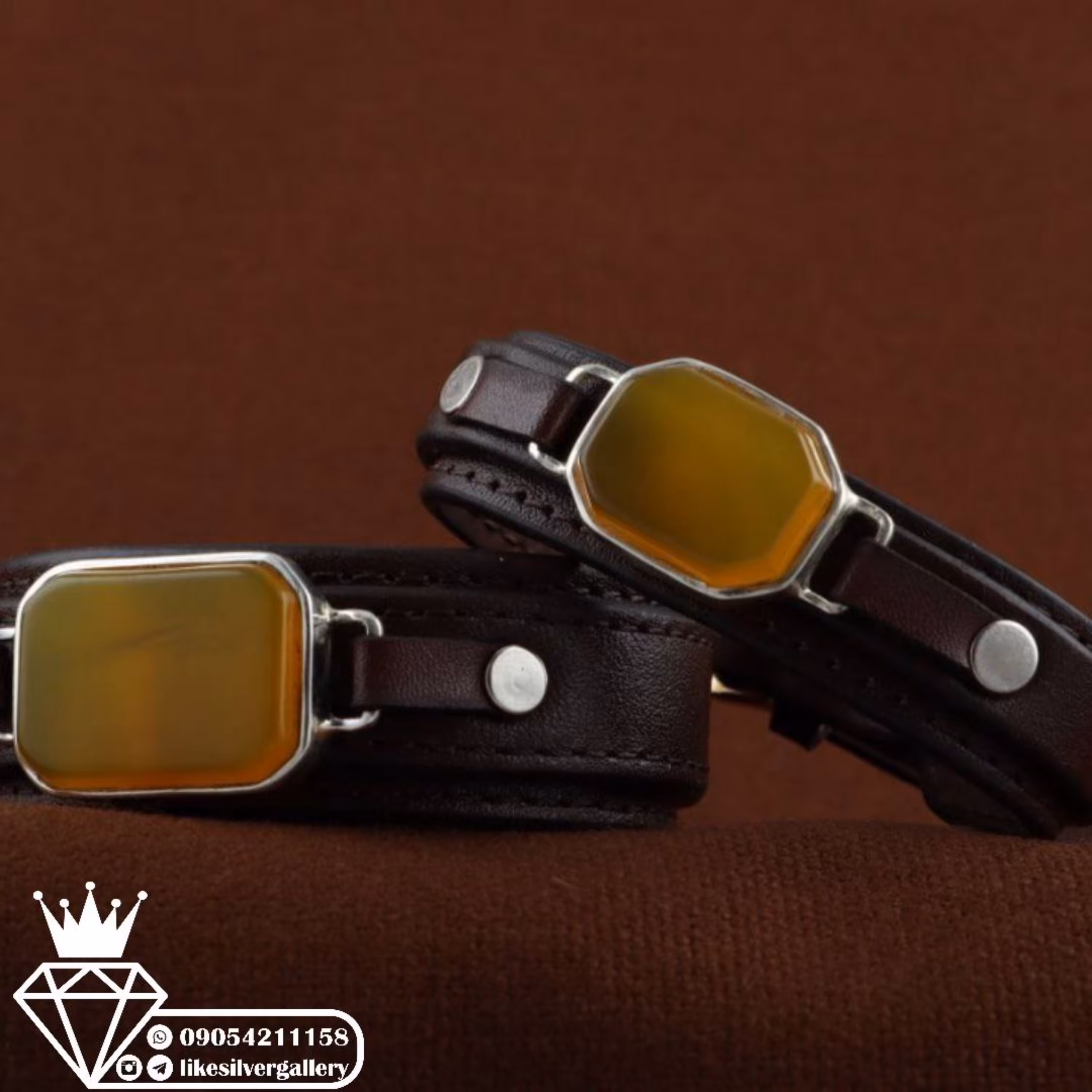 دستبند ست شرف الشمس چرم گاوی طبیعی قاب دور نگین (نقره دستساز)کد 617 ارسال رایگان