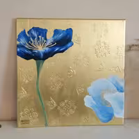 تابلو ورق طلا و برجسته و نقاشی بر روی بوم بل نام لاله آبی ابعاد 60 در 60