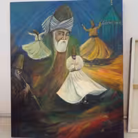 تابلو اورژینال رنگ روغن اثری بینظیر و تک بنام مولانا بدون نیاز به قاب روی بوم دیپ کار شده با متریال خارجی 90در110س