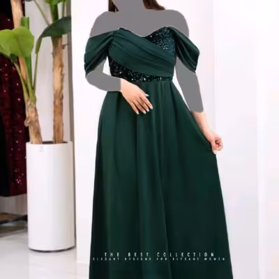 پیراهن مهمانی زنانه کرپ کش مخمل پولکی مدل ماکسی دکلته مهرا