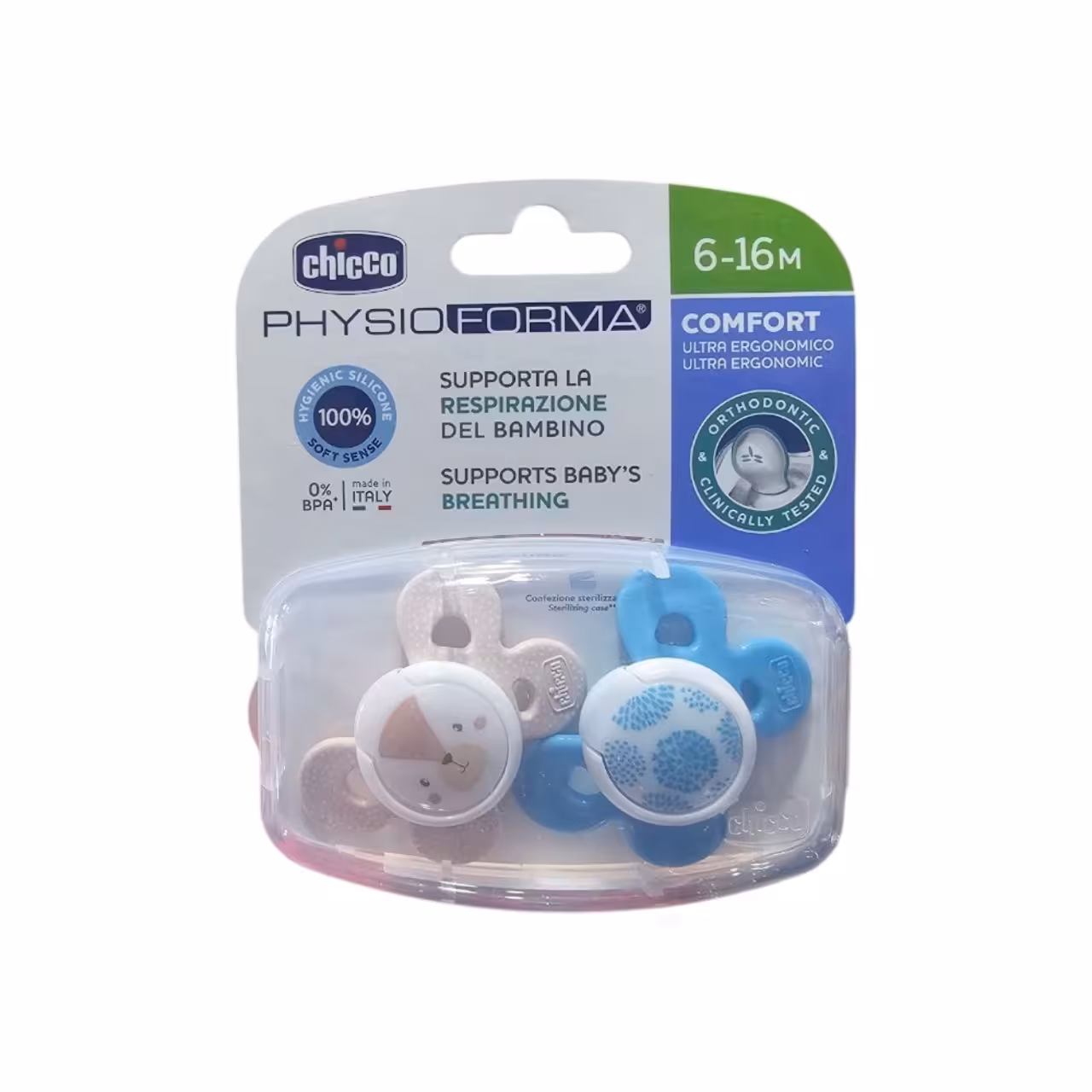 پستانک چیکو ارتدنسی 2عددی سایز 6 تا 16 ماه فیزیو فورما chicco طرح خرس کرم