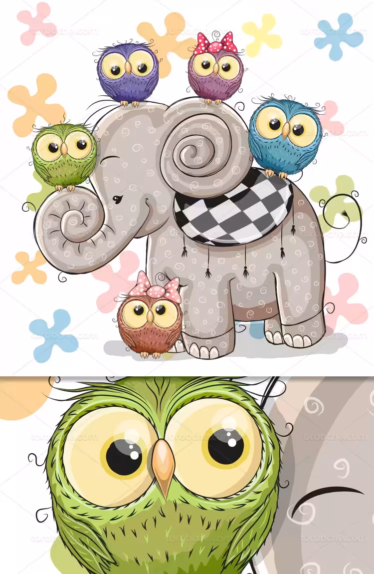 وکتور کاراکتر فیل و جغد بامزه | گرافیک با طعم تربچه