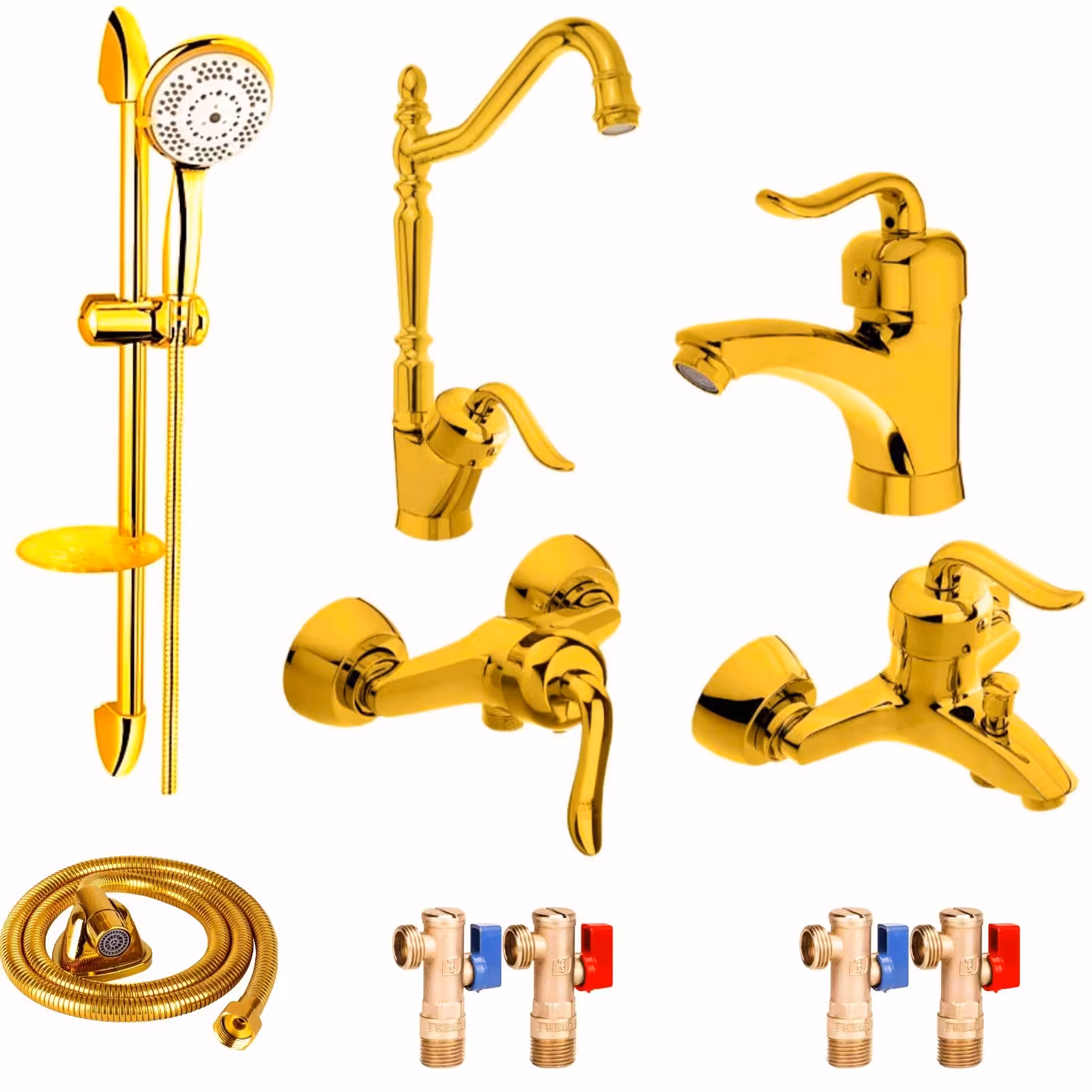 ست شیرآلات رز مدل بیزانسی مجموعه 10 عددی طلایی به همراه علم دوش حمام و شلنگ سرویس بهداشتی و شیر های پیسوار 