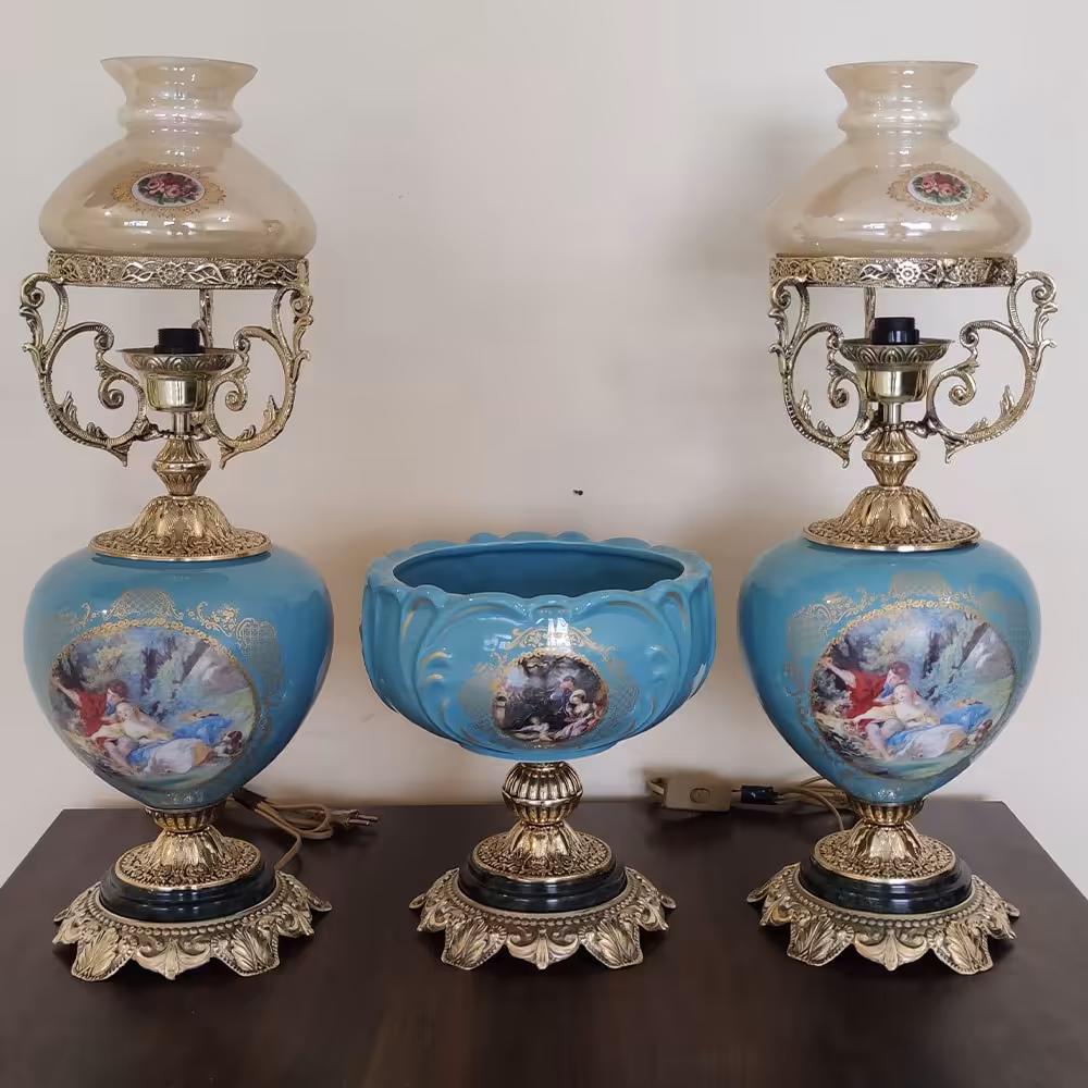 آباژور رومیزی برنزی و کشکول مدل لامپا فیروزه ای کد 1891 (آباژور برنجی رومیزی)