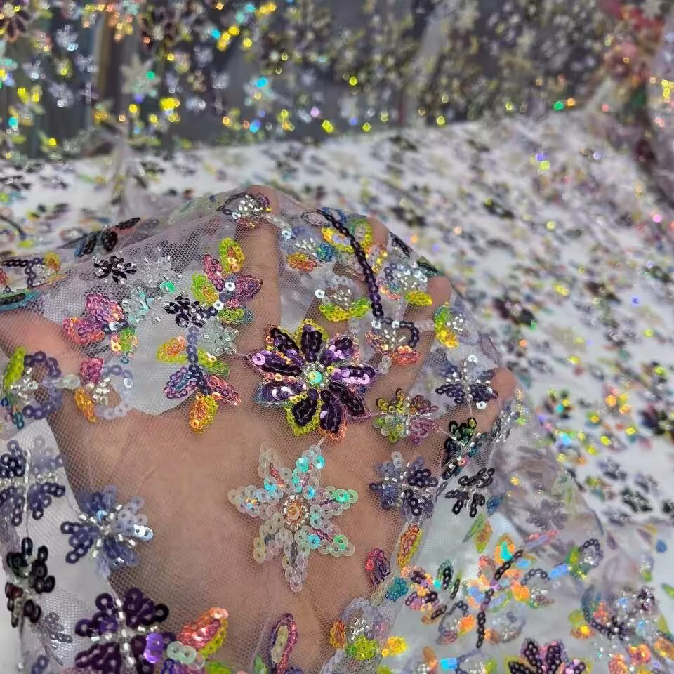 پارچه دانتل پولکی طرح گل ستاره ای رنگین کمانی قواره سه متری