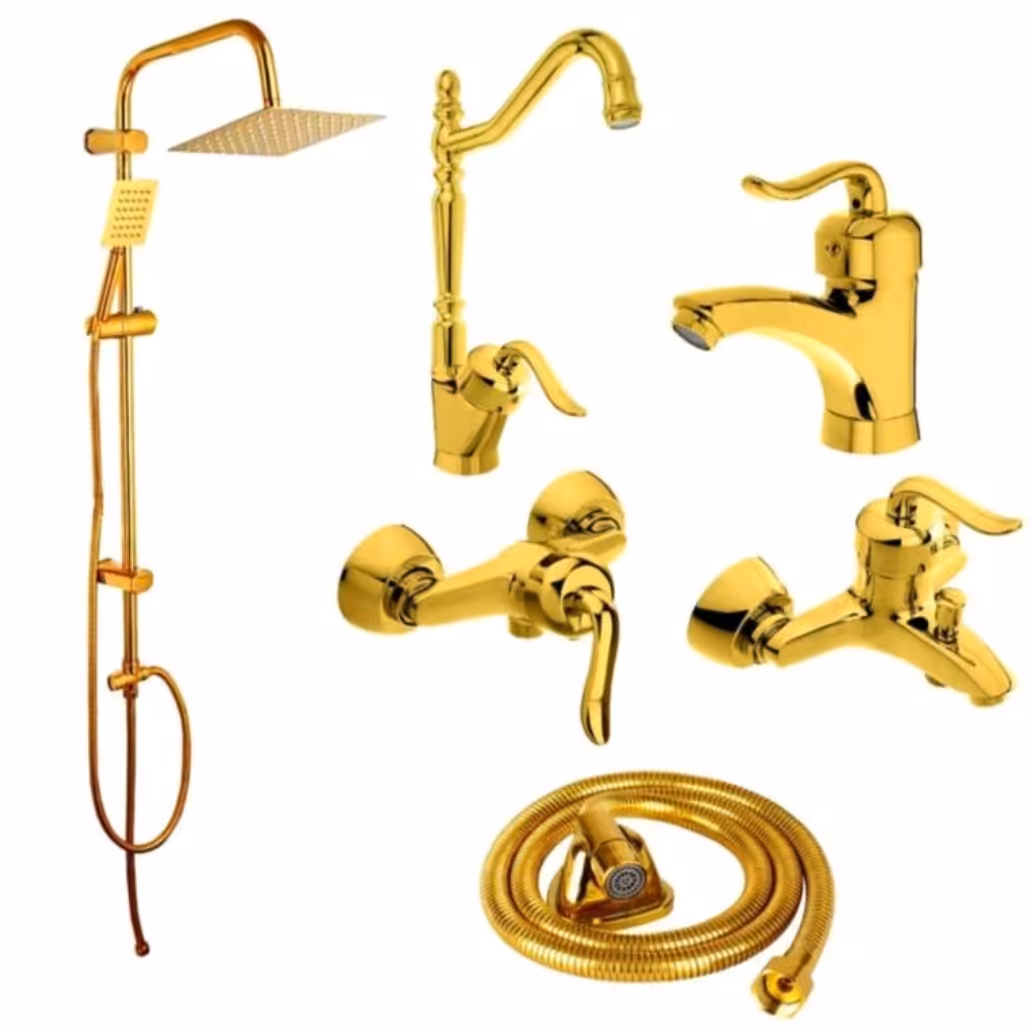 ست شیرالات ساختمان رنگ طلا بهمراه علم دوش دوکاره و شلنگ جنس درجه 1 و استاندارد و با نشان کیفیت ایزو 9001