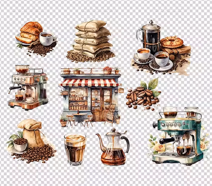 عکس PNG قهوه ساز و دانه های قهوه | گرافیک با طعم تربچه