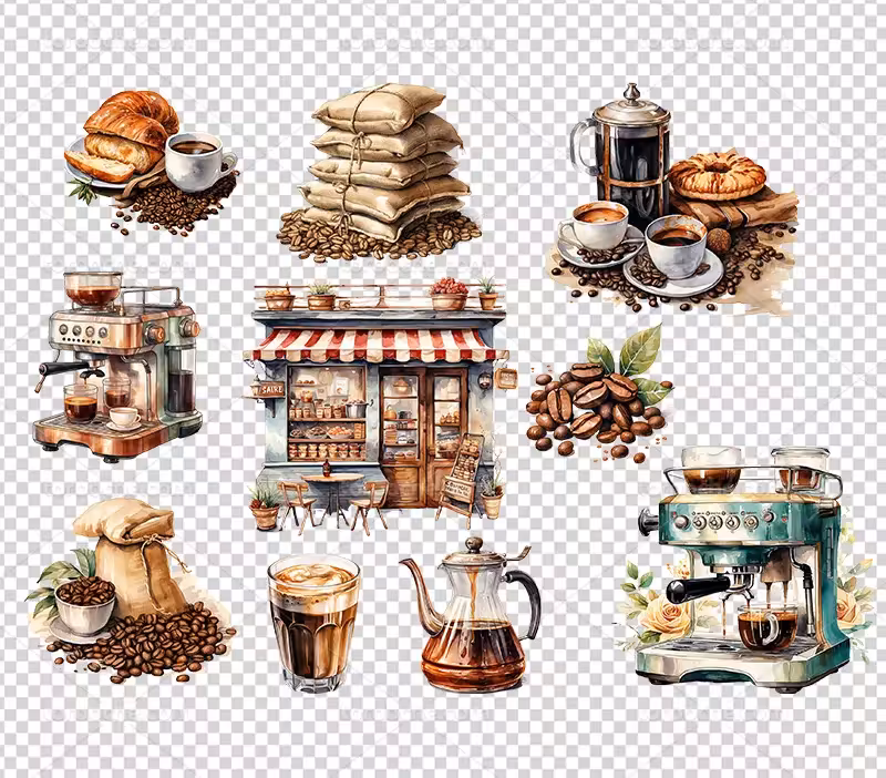عکس PNG قهوه ساز و دانه های قهوه | گرافیک با طعم تربچه