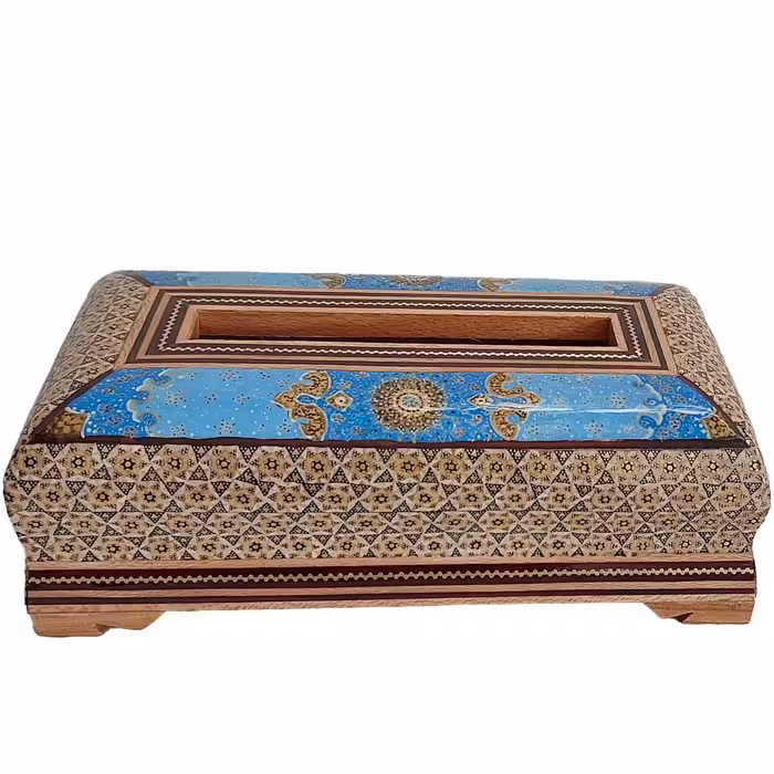 جعبه دستمال کاغذی خاتم کاری مدل بغل کاس رو اسلیمی کد 103