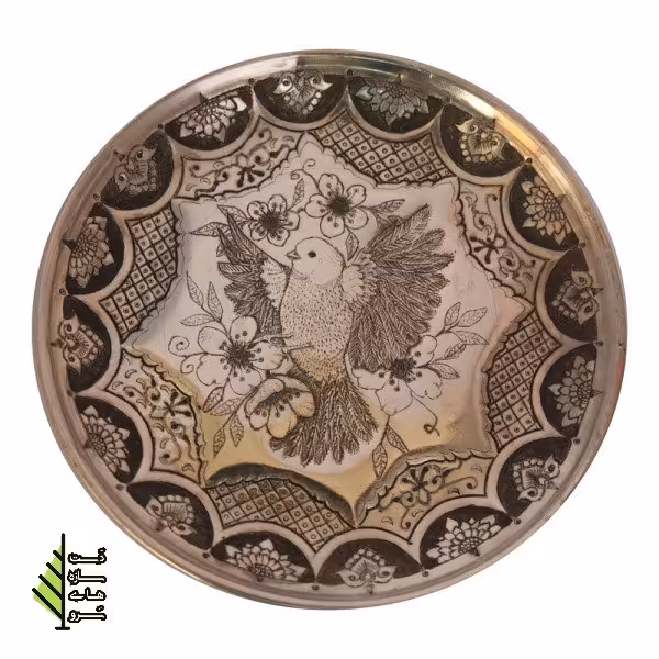 بشقاب قلمزنی دست سازه های سرو طرح گل و مرغ
