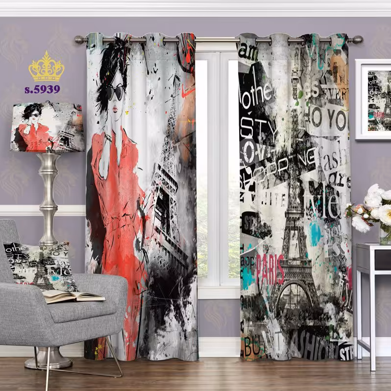 پرده تصویری جدید اتاق خواب دو قواره پانچ آماده طرح چهره فشن کد 5939