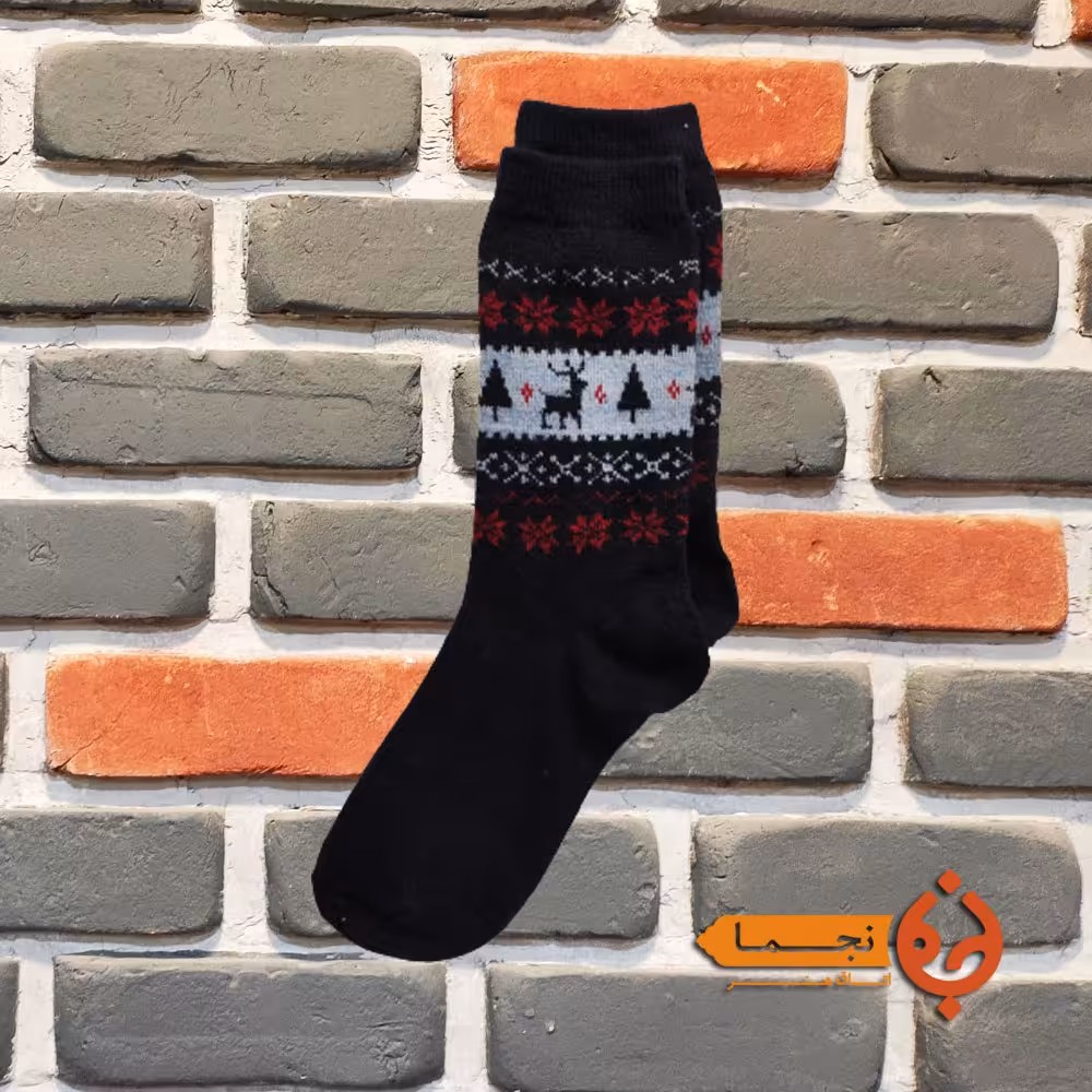 جوراب پشمی گرم طرح گوزن رنگ سرمه ای کد KG02 مناسب پاییز و زمستان