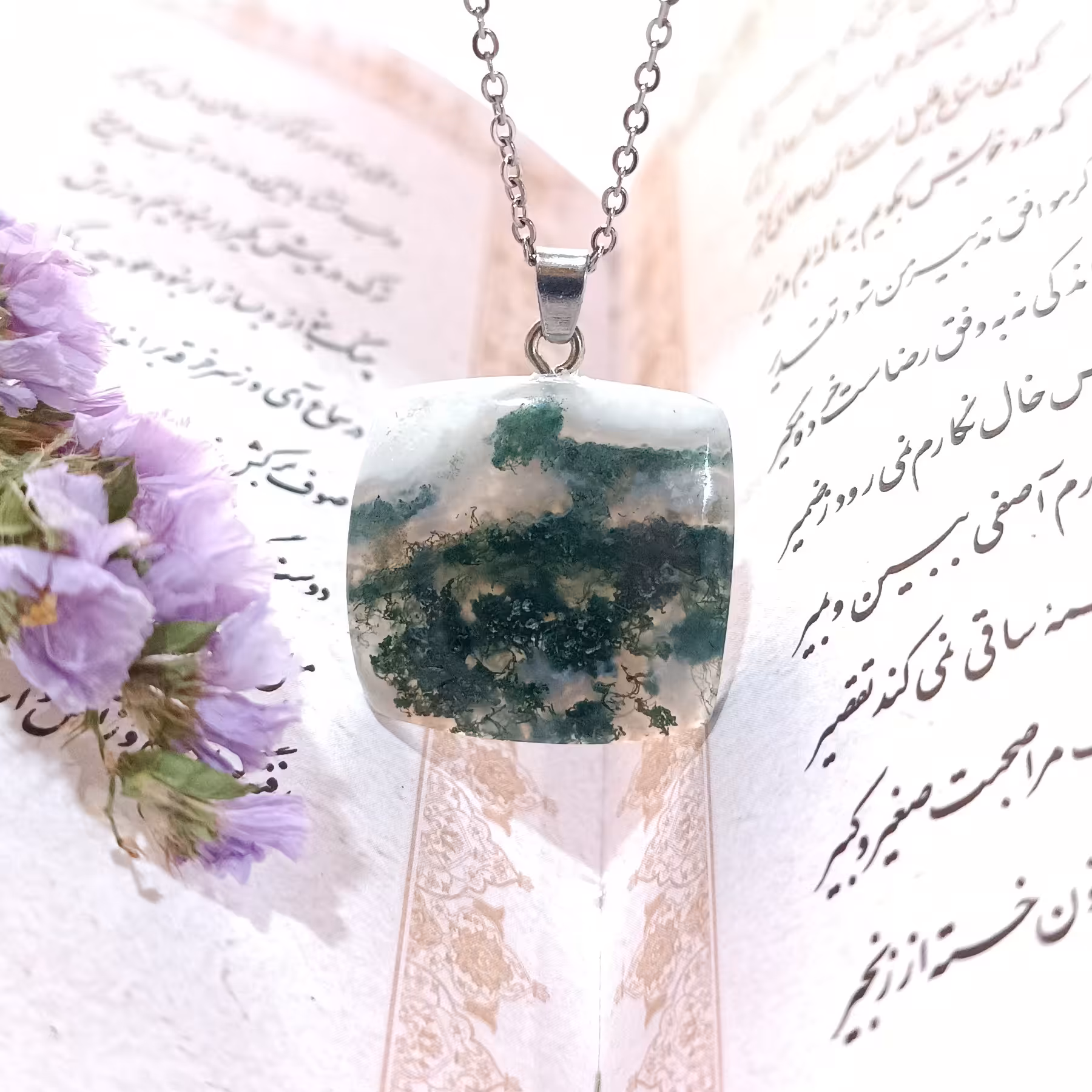 گردنبند سنگ عقیق خزه ای اصل کد 009 با کیفیت درجه یک به همراه زنجیر استیل