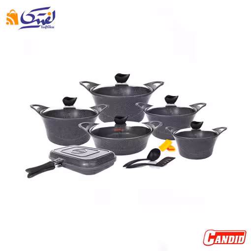 سرویس قابلمه کاپری خاکستری کاندید 15 پارچه گرانیتی دو رو