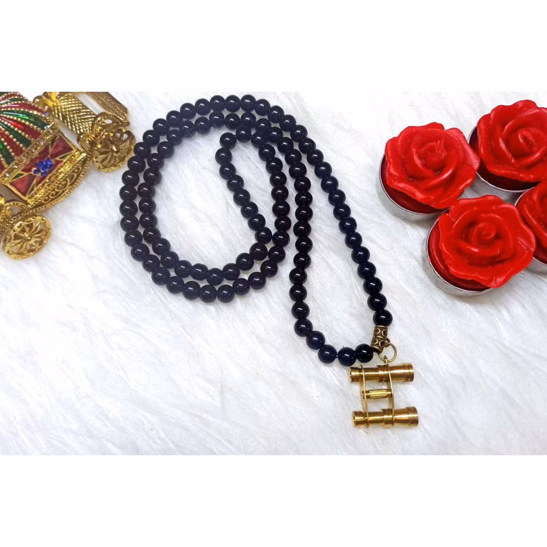 گردنبند سنگ اونیکس همراه آویز برنجی هندی دوربین کار دست
