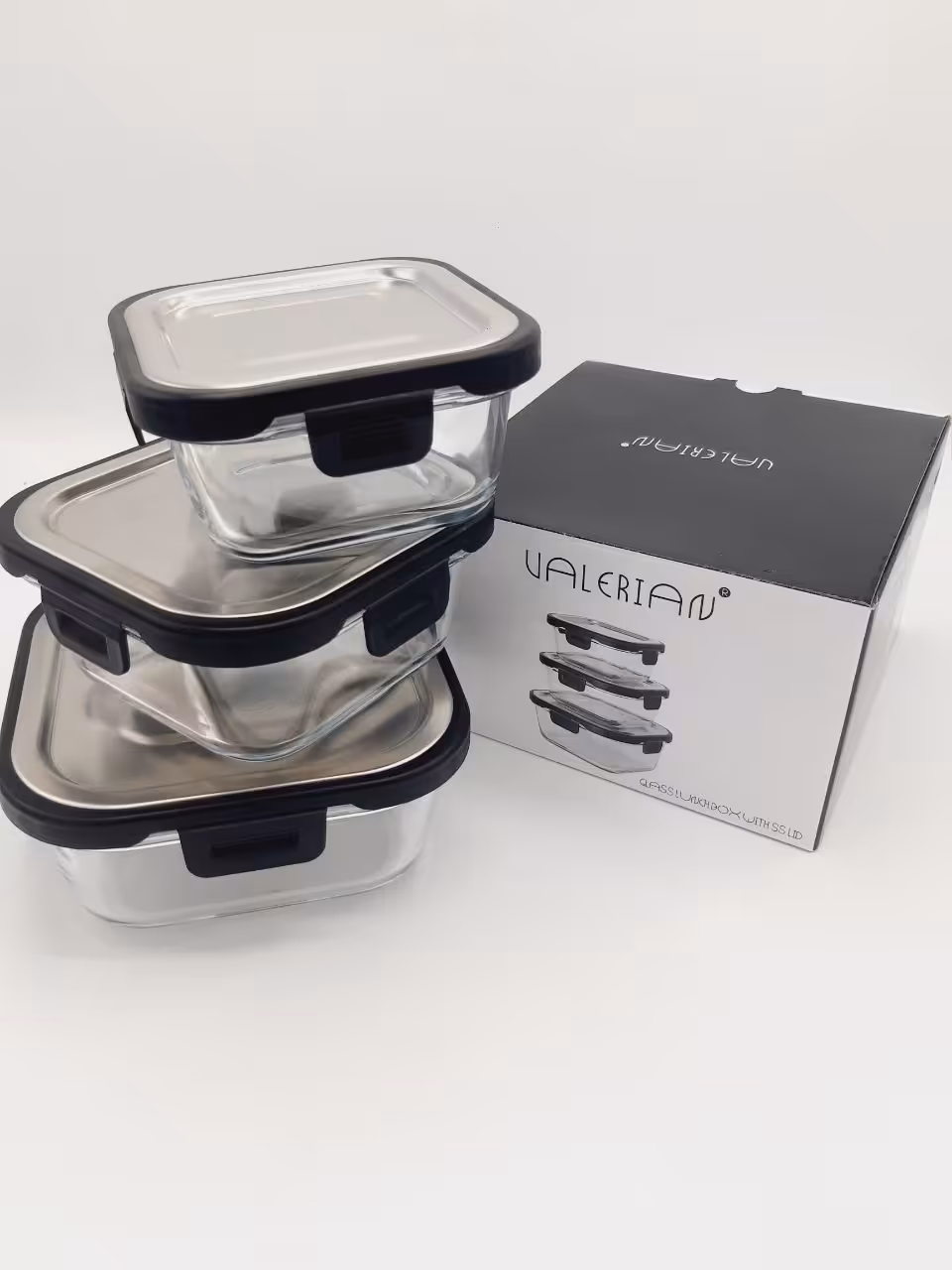 ظرف نگهدارنده 3 تکه مربع درب استیل والرین 30001Valerian Glassware