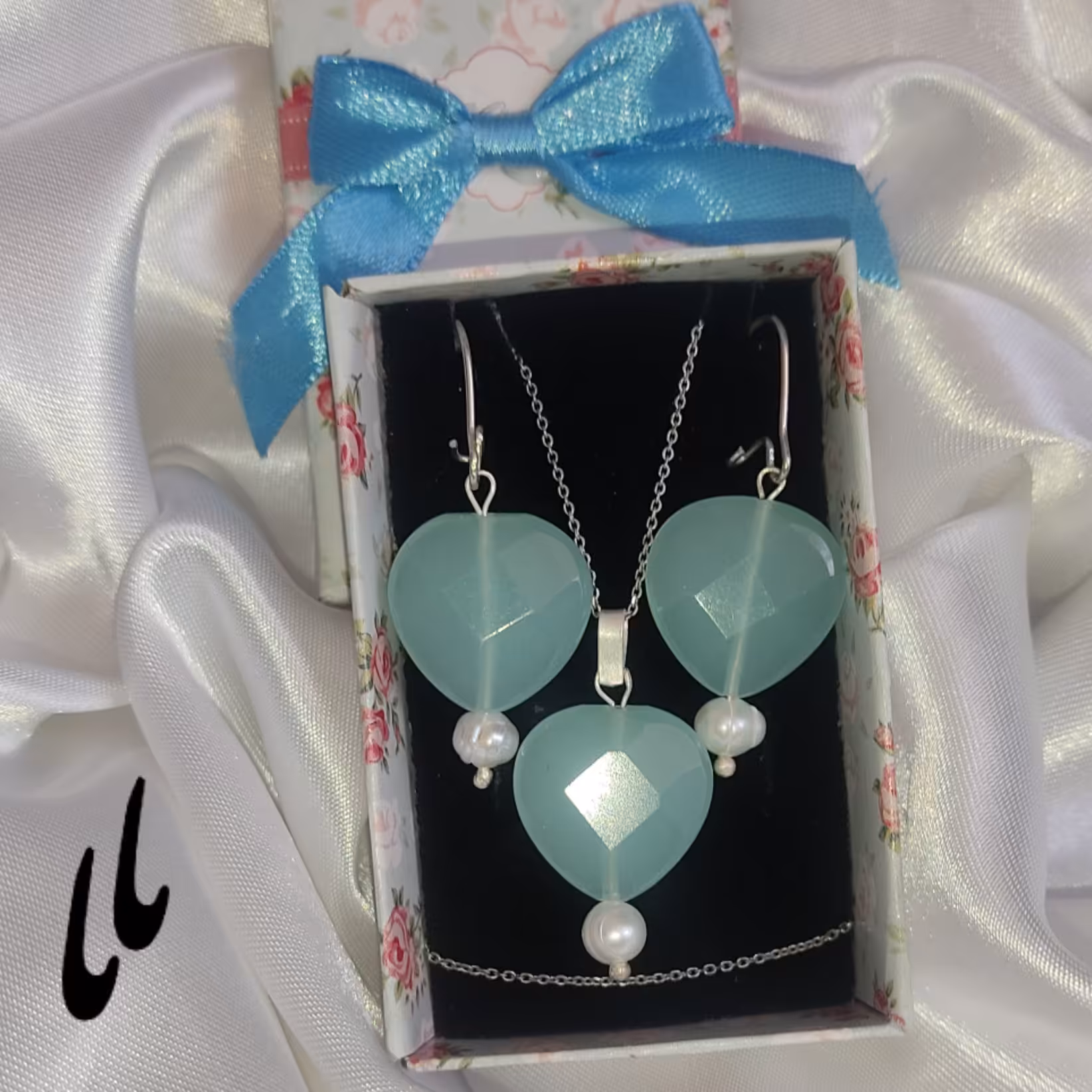 نیمست نقره با سنگ جید آبی و مروارید پرورشی  بدون زنجیر 