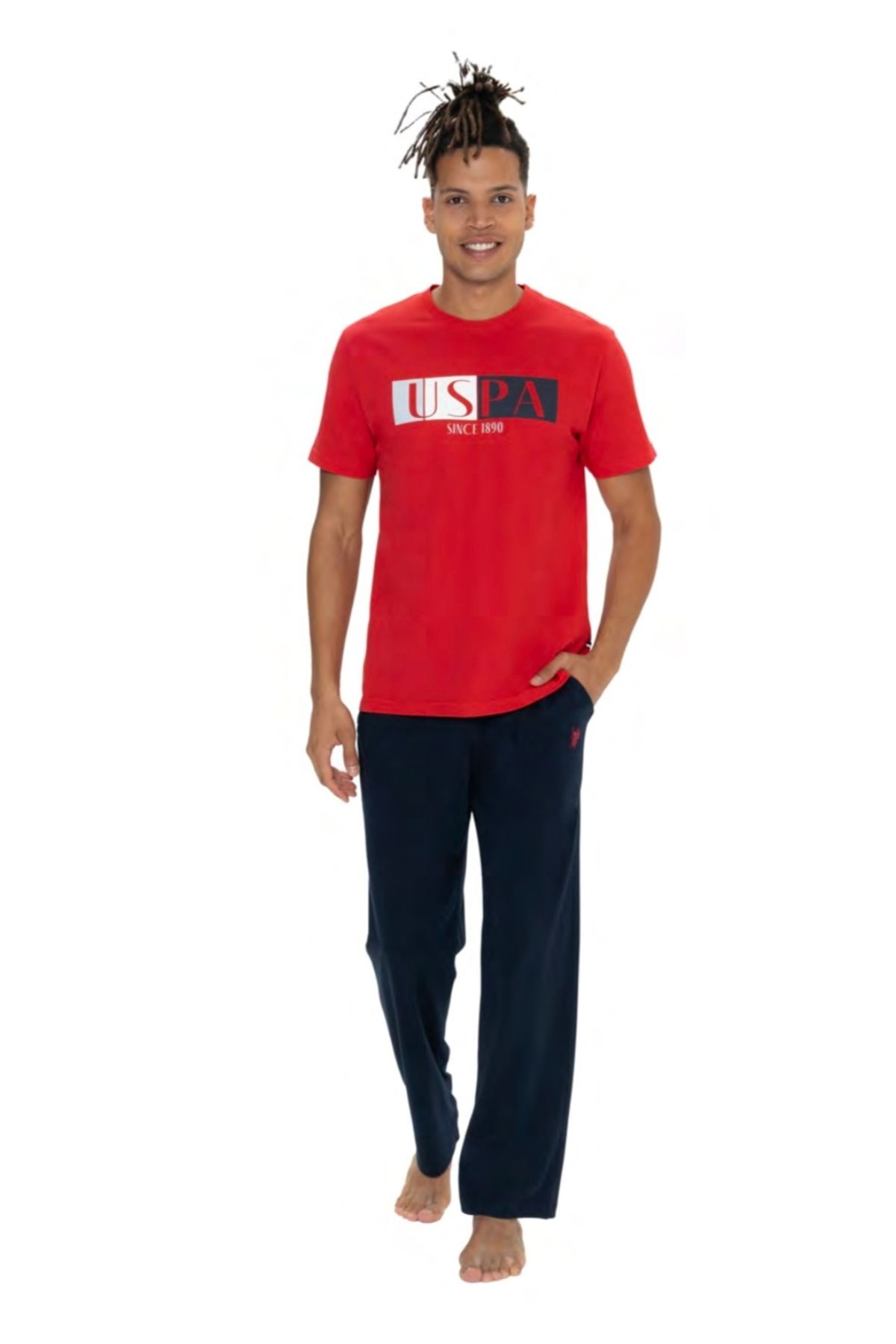 ست پیژامه قرمز مردانه مجموعه لباس خواب یقه گرد USPA U.S. Polo Assn.