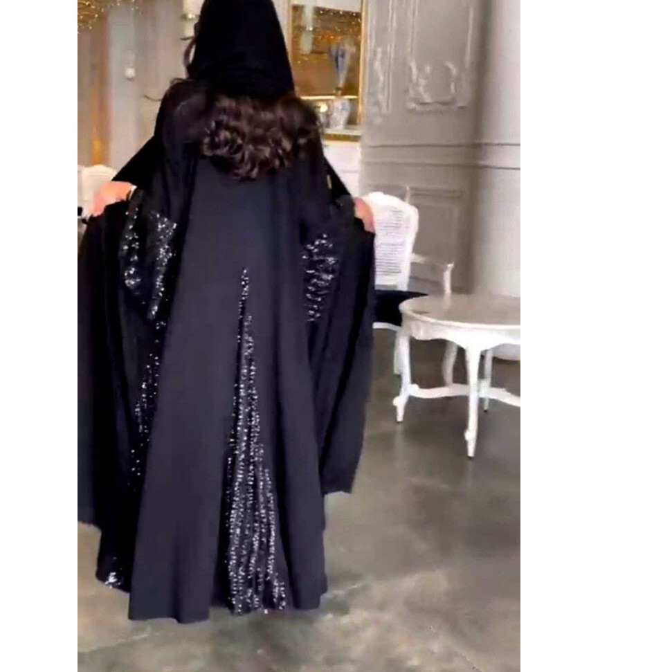 مانتو عبا کرپ حریر زنانه مشکی و خرجکار براق ارسال رایگان