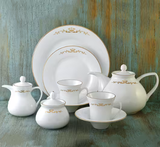 سرویس غذا خوری 108 پارچه چینی زرین ایران سری شهرزاد مدل کویین طلایی درجه عالی zarin queen 108 pcs